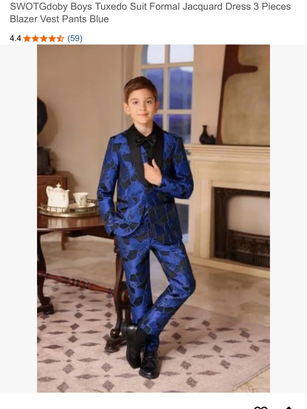 Blue and Black Floral Pattern Tuxedo Jacket, Vest and Pant Set Youth Boy Size 8